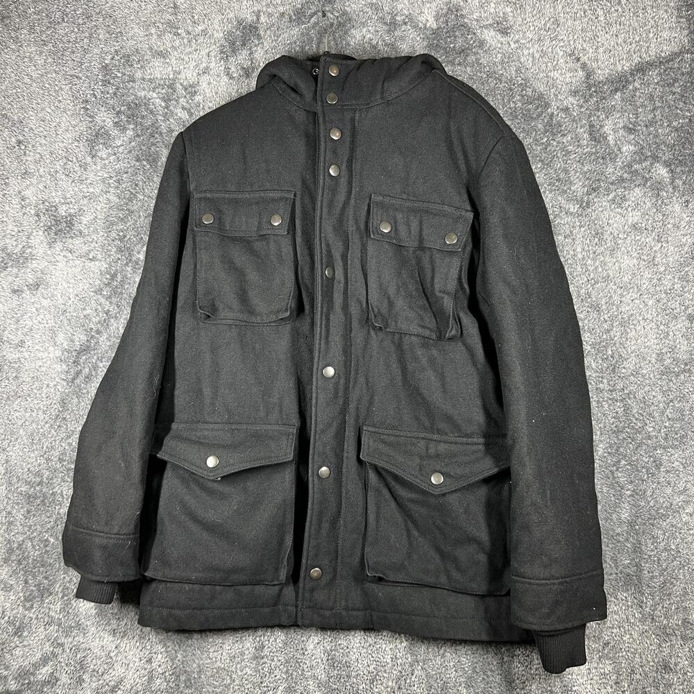 Merona Coat Mens L Black Parka Hooded Lined Insulated Wool Mid-Length Pockets